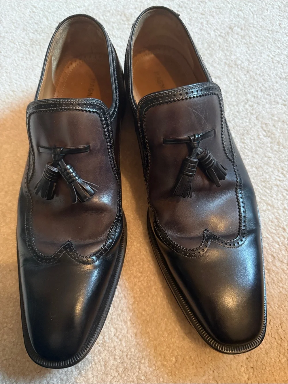 Magnanni Two-Tone Dark Brown and Black Tassel Loafers